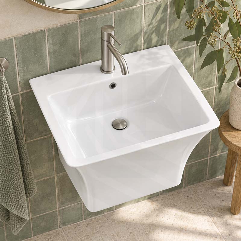 530x440x360mm Zento Bathroom Square Wall Hung Gloss White Ceramic Basin with Tap Hole