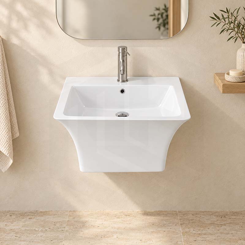 530x440x360mm Zento Bathroom Square Wall Hung Gloss White Ceramic Basin with Tap Hole