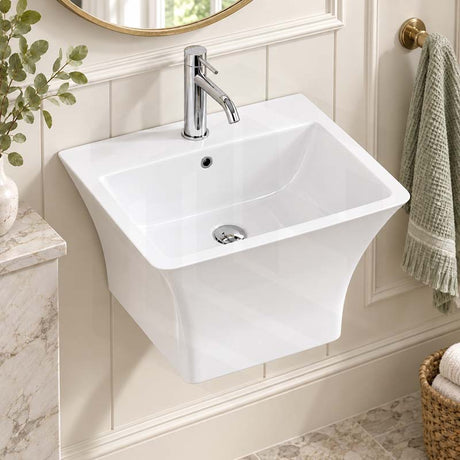 530x440x360mm Zento Bathroom Square Wall Hung Gloss White Ceramic Basin with Tap Hole