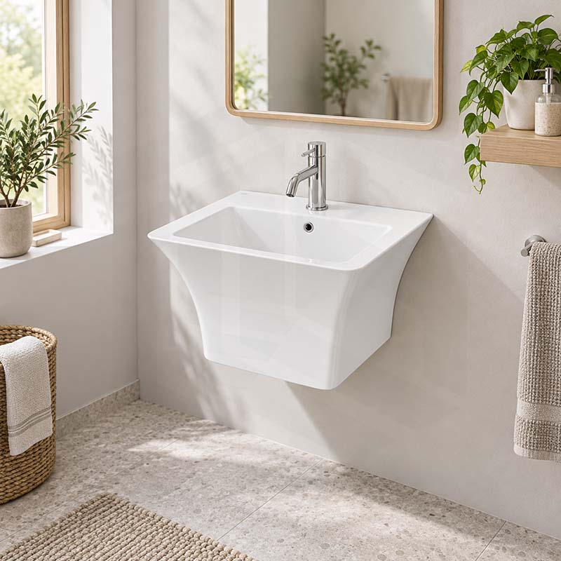 530x440x360mm Zento Bathroom Square Wall Hung Gloss White Ceramic Basin with Tap Hole