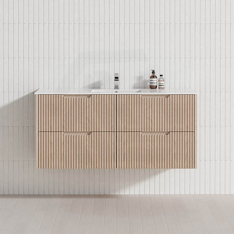 600-1500mm Bali Wall Hung Bathroom Floating Vanity American Oak Linear Fluted Cabinet PVC Coating