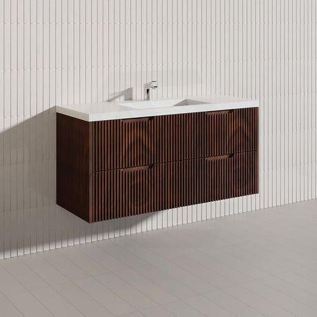 600-1500mm Bali Wall Hung Bathroom Floating Vanity Brown Oak Linear Fluted Cabinet PVC Coating
