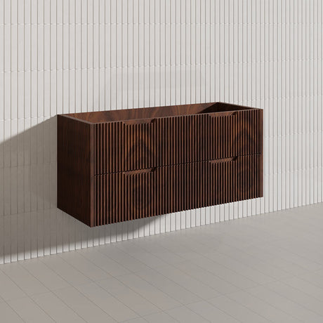 600-1500mm Bali Wall Hung Bathroom Floating Vanity Brown Oak Linear Fluted Cabinet PVC Coating