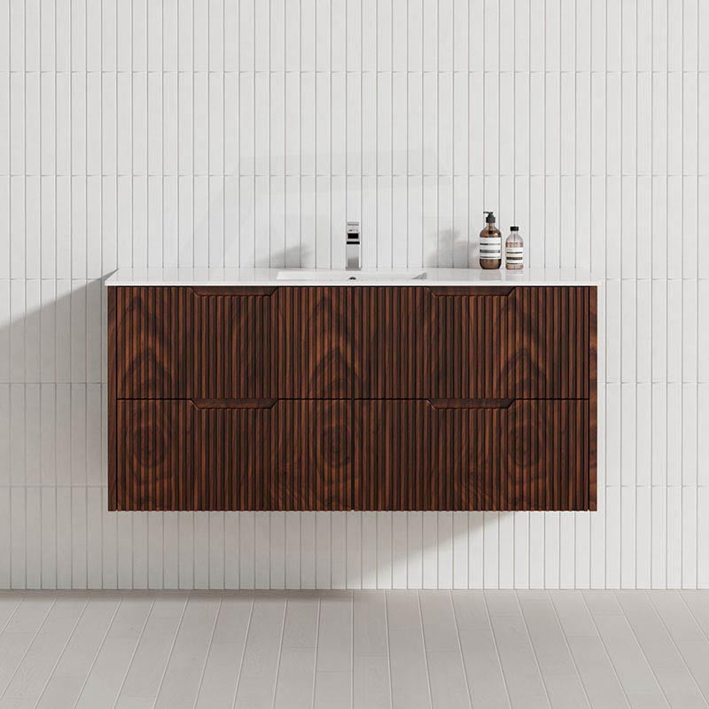 600-1500mm Bali Wall Hung Bathroom Floating Vanity Brown Oak Linear Fluted Cabinet PVC Coating