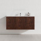 600-1500mm Bali Wall Hung Bathroom Floating Vanity Brown Oak Linear Fluted Cabinet PVC Coating