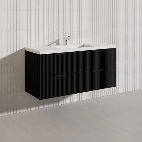 600-1500mm Bali Wall Hung Bathroom Floating Vanity Matt Black Linear Fluted Cabinet PVC Coating