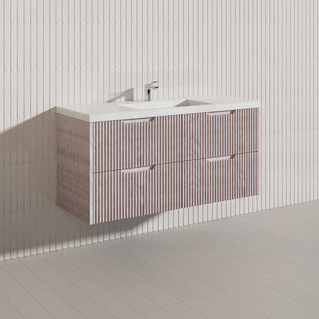 600-1500mm Bali Wall Hung Bathroom Floating Vanity White Oak Linear Fluted Cabinet PVC Coating