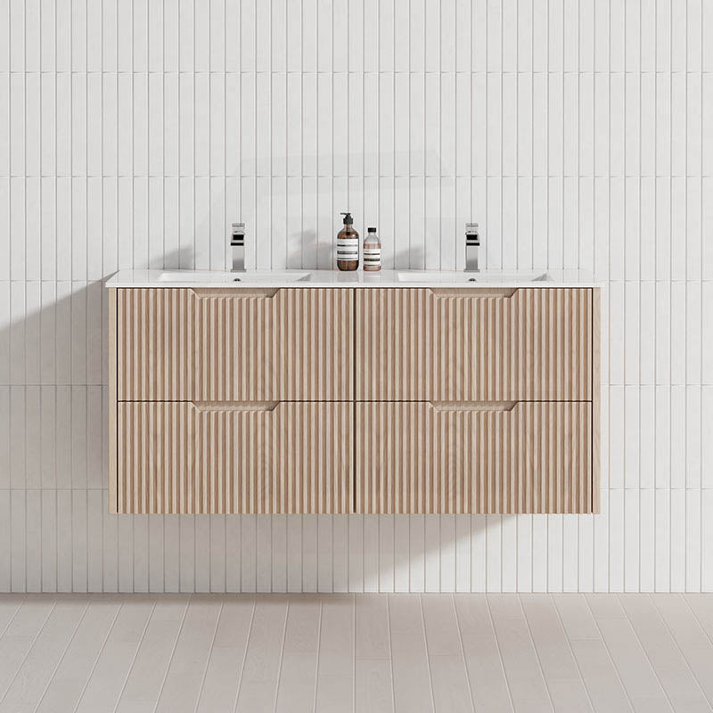 600-1500mm Bali Wall Hung Bathroom Floating Vanity American Oak Linear Fluted Cabinet PVC Coating