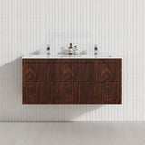 600-1500mm Bali Wall Hung Bathroom Floating Vanity Brown Oak Linear Fluted Cabinet PVC Coating