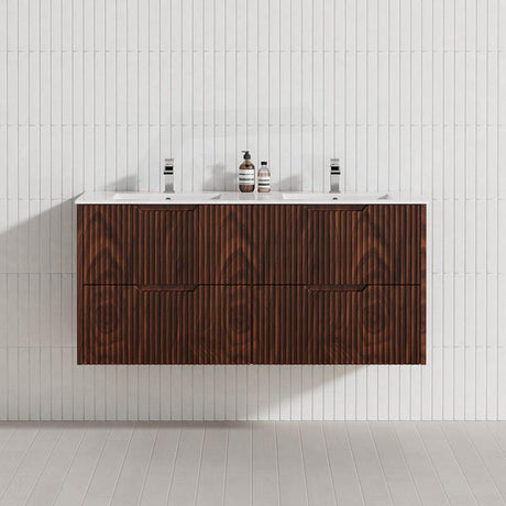 600-1500mm Bali Wall Hung Bathroom Floating Vanity Brown Oak Linear Fluted Cabinet PVC Coating