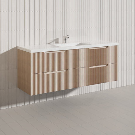 600-1500mm Bali Wall Hung Bathroom Floating Vanity American Oak Linear Fluted Cabinet PVC Coating