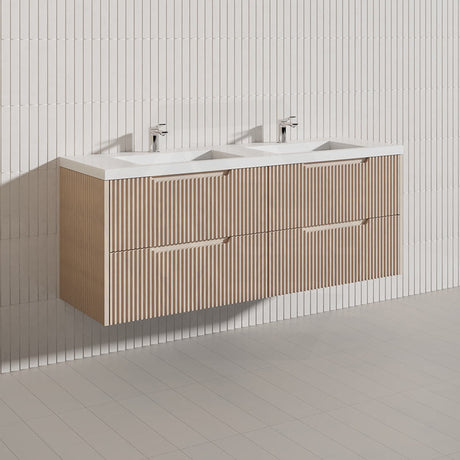 600-1500mm Bali Wall Hung Bathroom Floating Vanity American Oak Linear Fluted Cabinet PVC Coating