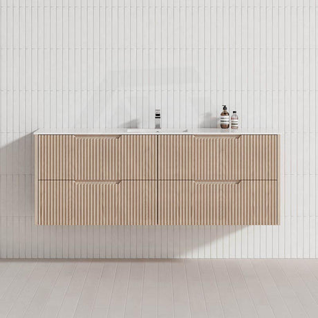600-1500mm Bali Wall Hung Bathroom Floating Vanity American Oak Linear Fluted Cabinet PVC Coating