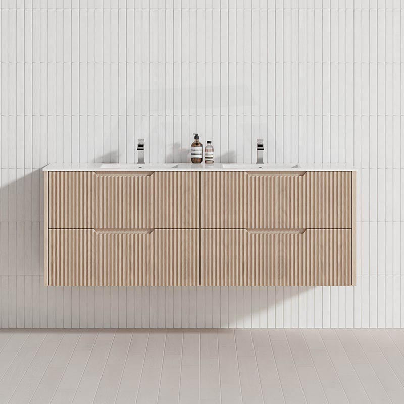 600-1500mm Bali Wall Hung Bathroom Floating Vanity American Oak Linear Fluted Cabinet PVC Coating