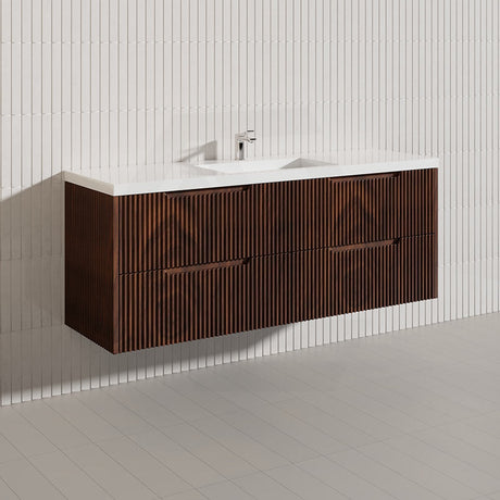 600-1500mm Bali Wall Hung Bathroom Floating Vanity Brown Oak Linear Fluted Cabinet PVC Coating