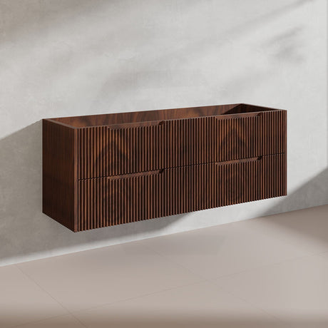 600-1500mm Bali Wall Hung Bathroom Floating Vanity Brown Oak Linear Fluted Cabinet PVC Coating