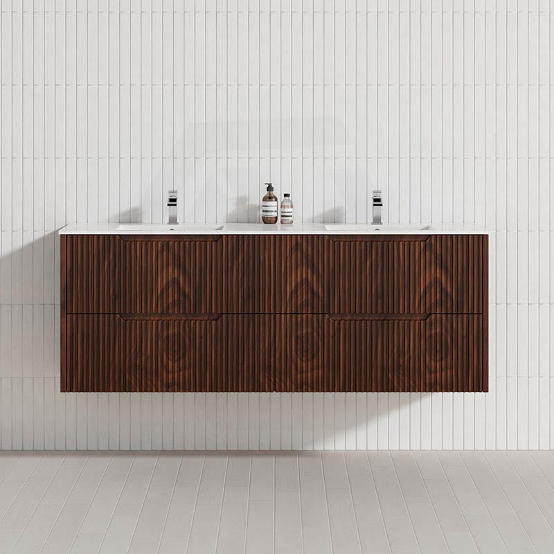 600-1500mm Bali Wall Hung Bathroom Floating Vanity Brown Oak Linear Fluted Cabinet PVC Coating