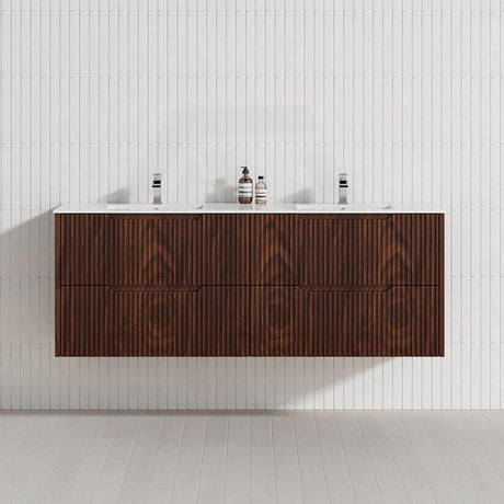 600-1500mm Bali Wall Hung Bathroom Floating Vanity Brown Oak Linear Fluted Cabinet PVC Coating