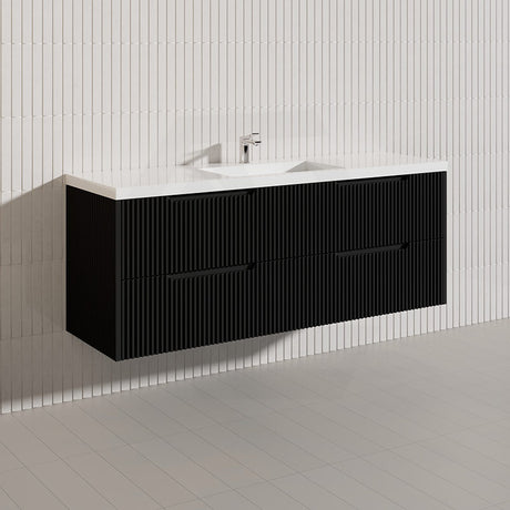 600-1500mm Bali Wall Hung Bathroom Floating Vanity Matt Black Linear Fluted Cabinet PVC Coating