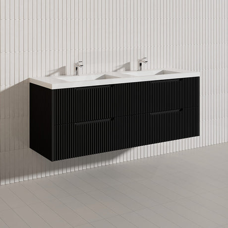 600-1500mm Bali Wall Hung Bathroom Floating Vanity Matt Black Linear Fluted Cabinet PVC Coating
