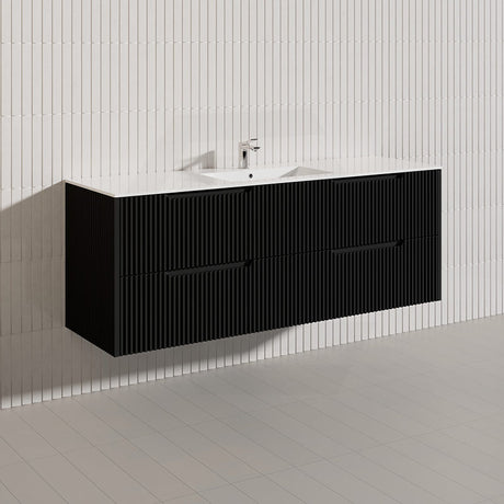 600-1500mm Bali Wall Hung Bathroom Floating Vanity Matt Black Linear Fluted Cabinet PVC Coating