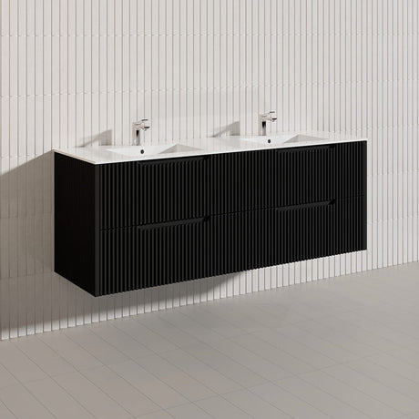 600-1500mm Bali Wall Hung Bathroom Floating Vanity Matt Black Linear Fluted Cabinet PVC Coating