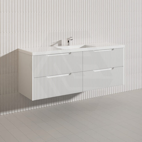 600-1500mm Bali Wall Hung Bathroom Floating Vanity Matt White Linear Fluted Cabinet PVC Coating
