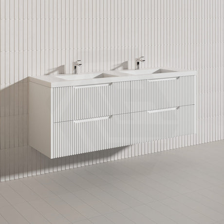 600-1500mm Bali Wall Hung Bathroom Floating Vanity Matt White Linear Fluted Cabinet PVC Coating