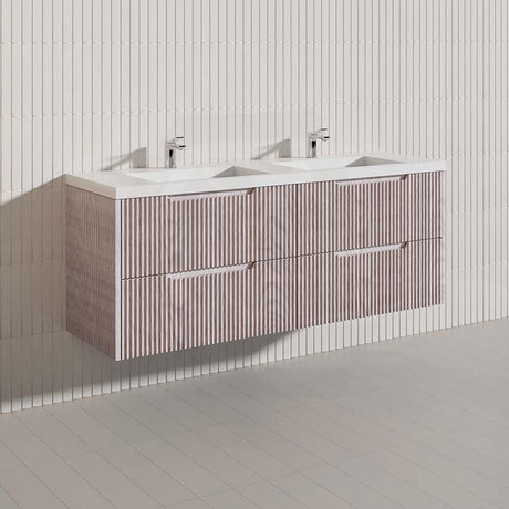 600-1500mm Bali Wall Hung Bathroom Floating Vanity White Oak Linear Fluted Cabinet PVC Coating