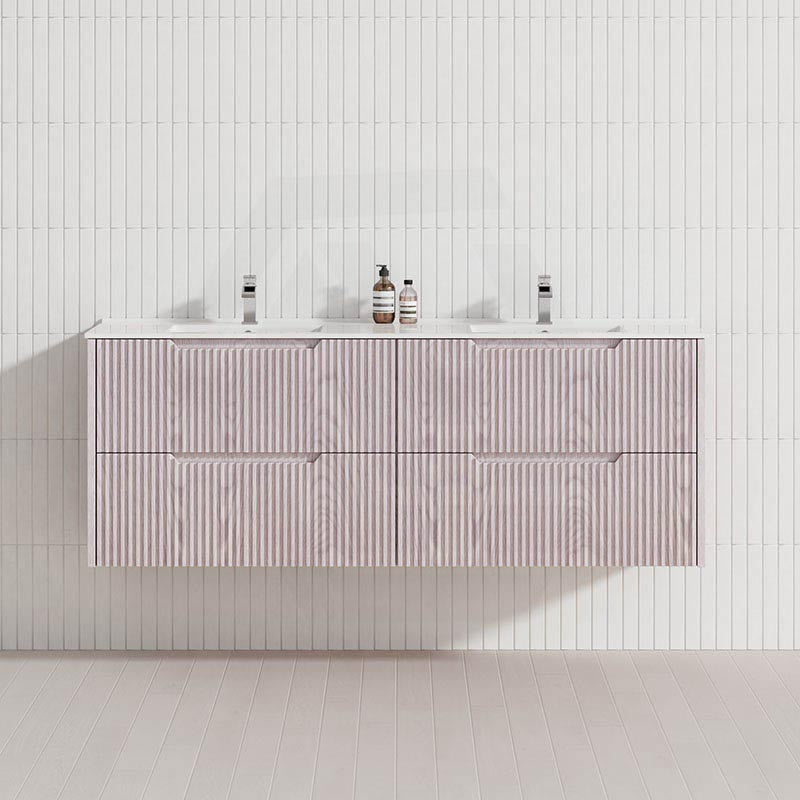 600-1500mm Bali Wall Hung Bathroom Floating Vanity White Oak Linear Fluted Cabinet PVC Coating