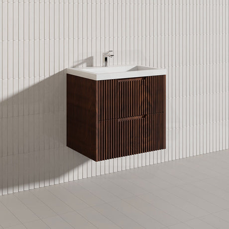 600-1500mm Bali Wall Hung Bathroom Floating Vanity Brown Oak Linear Fluted Cabinet PVC Coating
