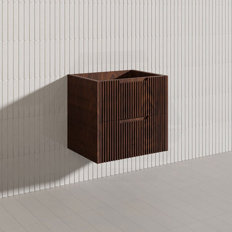 600-1500mm Bali Wall Hung Bathroom Floating Vanity Brown Oak Linear Fluted Cabinet PVC Coating