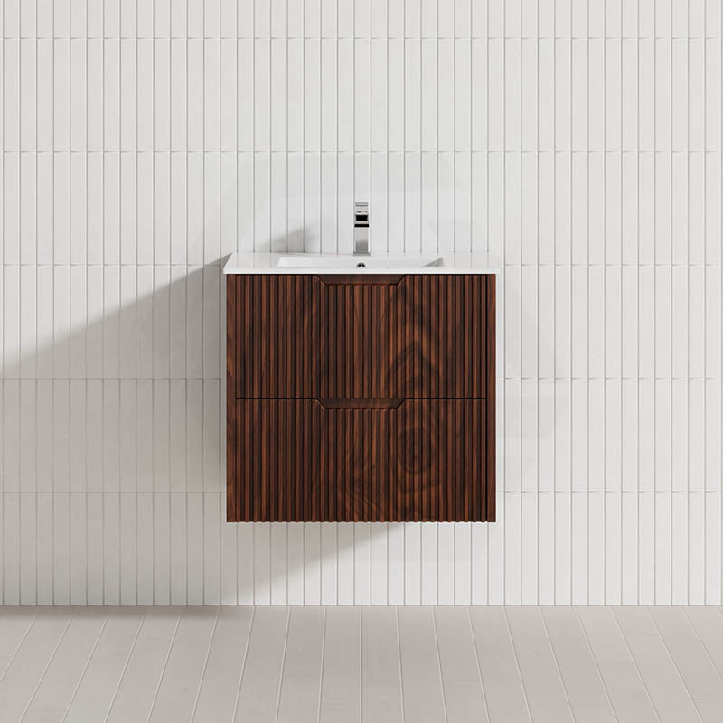 600-1500mm Bali Wall Hung Bathroom Floating Vanity Brown Oak Linear Fluted Cabinet PVC Coating