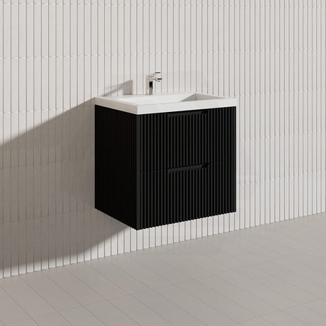600-1500mm Bali Wall Hung Bathroom Floating Vanity Matt Black Linear Fluted Cabinet PVC Coating
