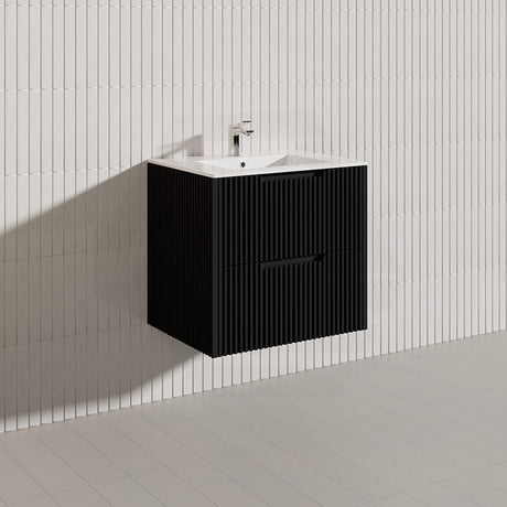 600-1500mm Bali Wall Hung Bathroom Floating Vanity Matt Black Linear Fluted Cabinet PVC Coating