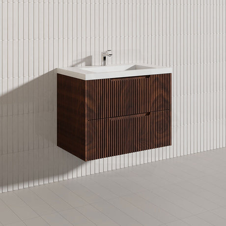600-1500mm Bali Wall Hung Bathroom Floating Vanity Brown Oak Linear Fluted Cabinet PVC Coating