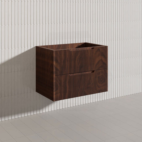 600-1500mm Bali Wall Hung Bathroom Floating Vanity Brown Oak Linear Fluted Cabinet PVC Coating