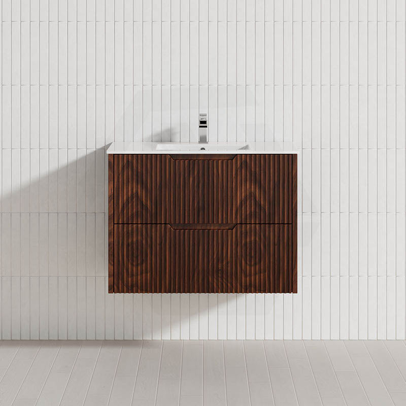 600-1500mm Bali Wall Hung Bathroom Floating Vanity Brown Oak Linear Fluted Cabinet PVC Coating