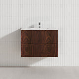 600-1500mm Bali Wall Hung Bathroom Floating Vanity Brown Oak Linear Fluted Cabinet PVC Coating