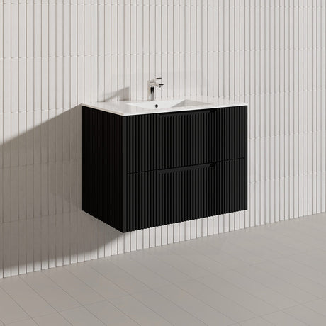 600-1500mm Bali Wall Hung Bathroom Floating Vanity Matt Black Linear Fluted Cabinet PVC Coating