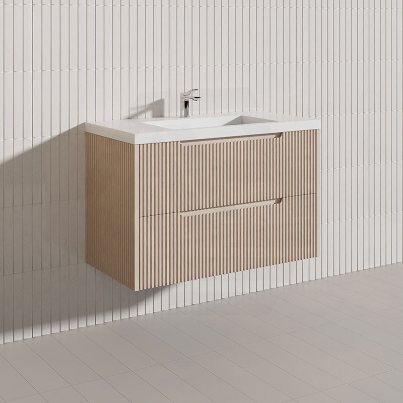 600-1500mm Bali Wall Hung Bathroom Floating Vanity American Oak Linear Fluted Cabinet PVC Coating
