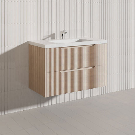 600-1500mm Bali Wall Hung Bathroom Floating Vanity American Oak Linear Fluted Cabinet PVC Coating