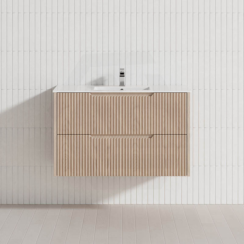 600-1500mm Bali Wall Hung Bathroom Floating Vanity American Oak Linear Fluted Cabinet PVC Coating