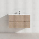 600-1500mm Bali Wall Hung Bathroom Floating Vanity American Oak Linear Fluted Cabinet PVC Coating