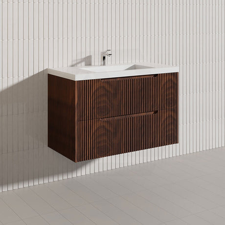 600-1500mm Bali Wall Hung Bathroom Floating Vanity Brown Oak Linear Fluted Cabinet PVC Coating