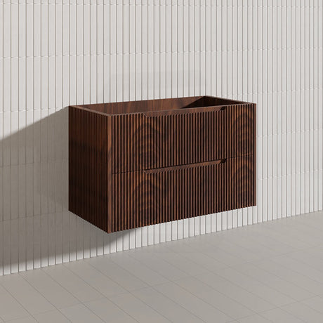 600-1500mm Bali Wall Hung Bathroom Floating Vanity Brown Oak Linear Fluted Cabinet PVC Coating