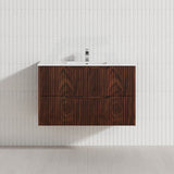 600-1500mm Bali Wall Hung Bathroom Floating Vanity Brown Oak Linear Fluted Cabinet PVC Coating