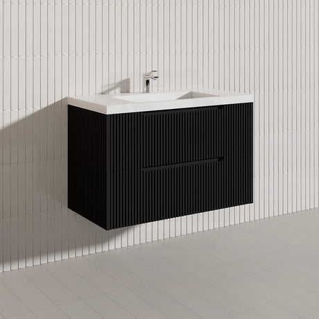 600-1500mm Bali Wall Hung Bathroom Floating Vanity Matt Black Linear Fluted Cabinet PVC Coating