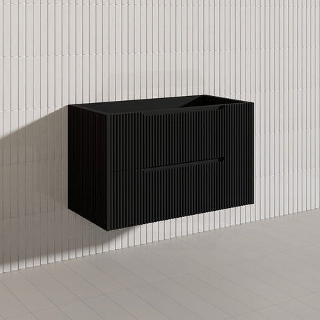 600-1500mm Bali Wall Hung Bathroom Floating Vanity Matt Black Linear Fluted Cabinet PVC Coating