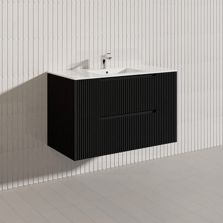 600-1500mm Bali Wall Hung Bathroom Floating Vanity Matt Black Linear Fluted Cabinet PVC Coating